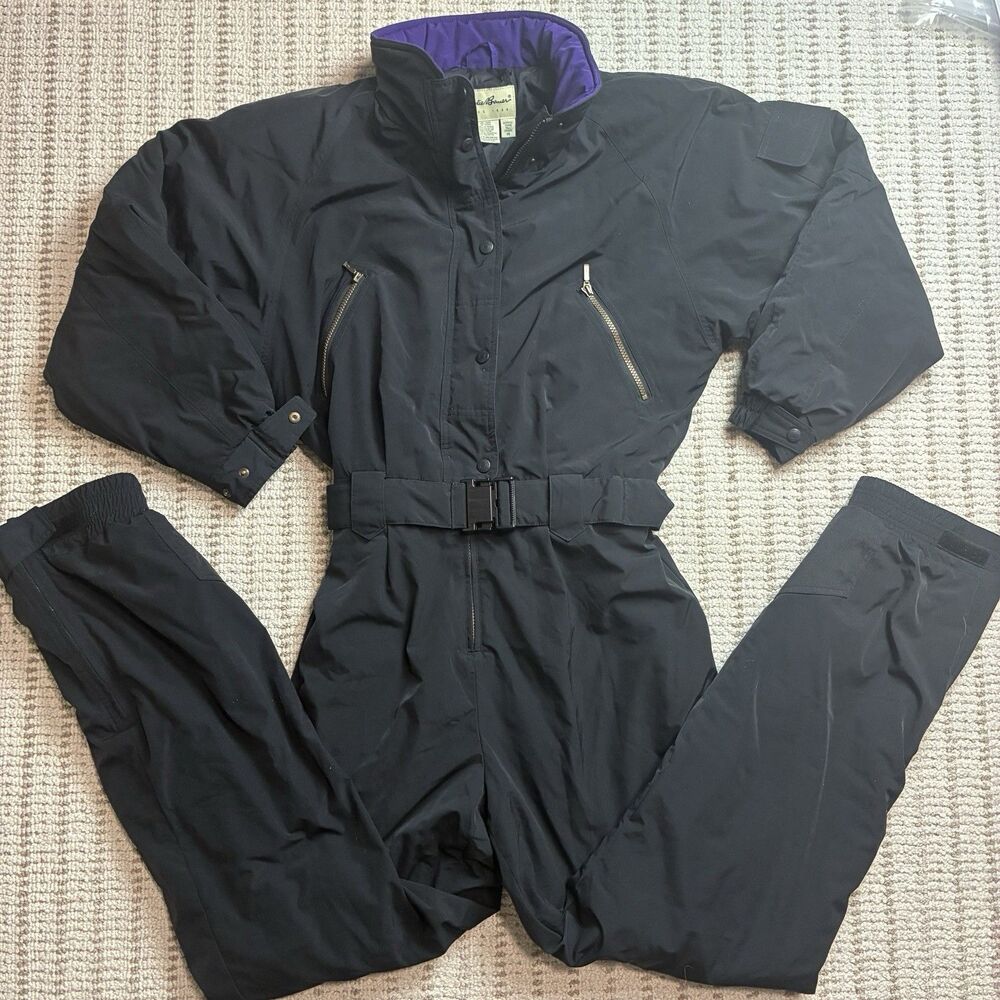 Vintage Eddie Bauer Women's Black Purple Snowsuit Size 14 Belted Insulated Ski
